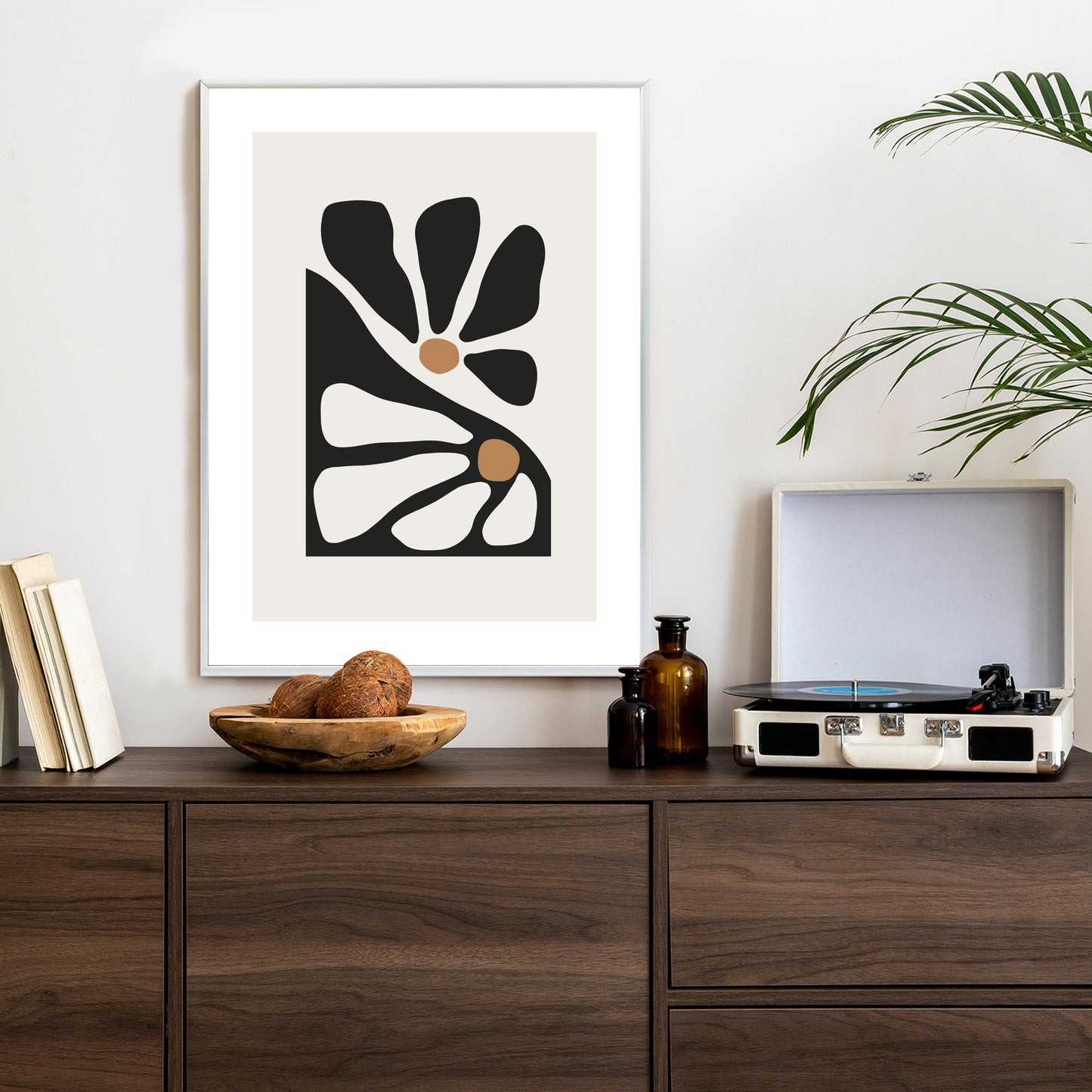 Poster Minimalistische Zweifarbige Blumen Rahmen Holz Mit Passepartout Farbe Natürlich