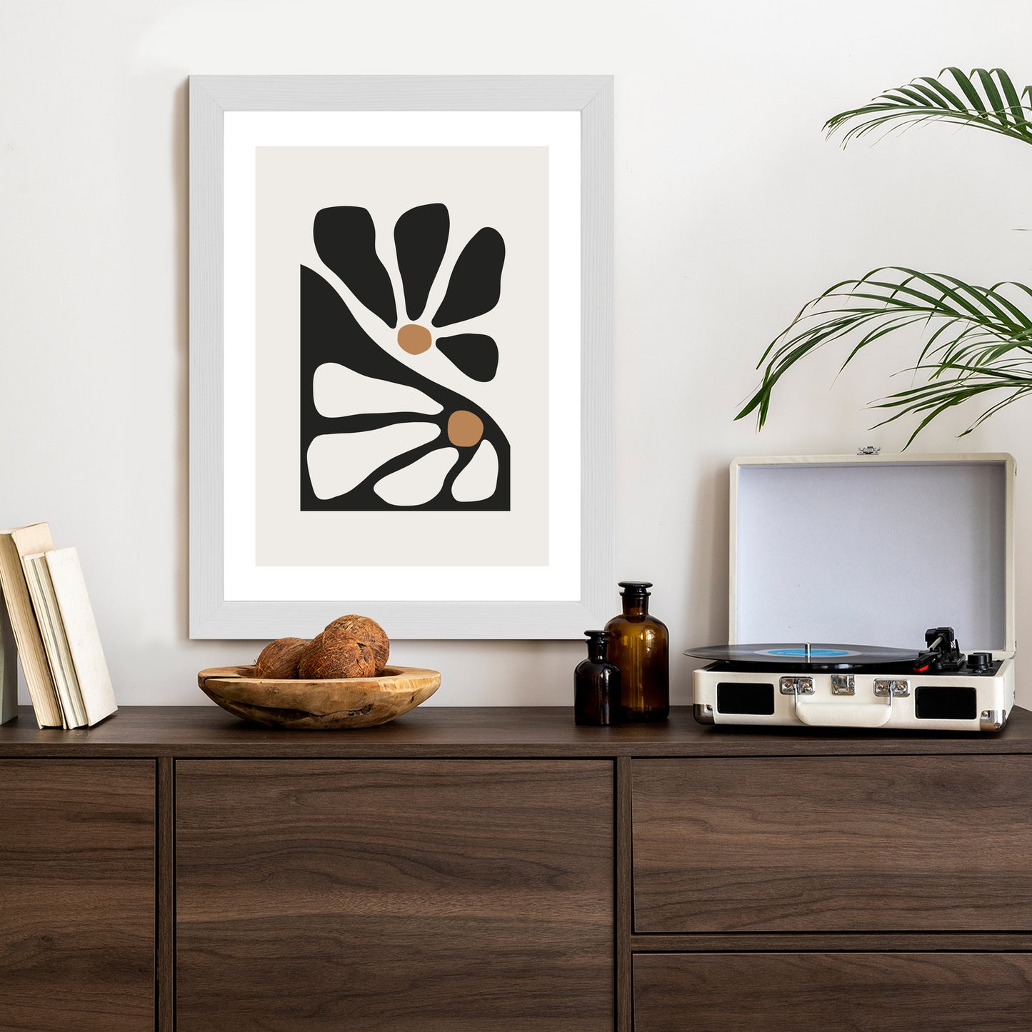 Poster Minimalistische Zweifarbige Blumen Rahmen Holz Mit Passepartout Farbe Natürlich