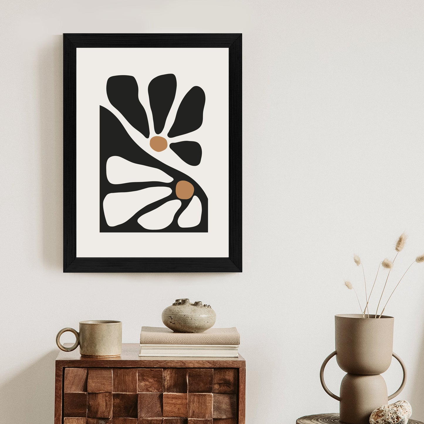 Poster Minimalistische Zweifarbige Blumen Rahmen Holz Mit Passepartout Farbe Natürlich