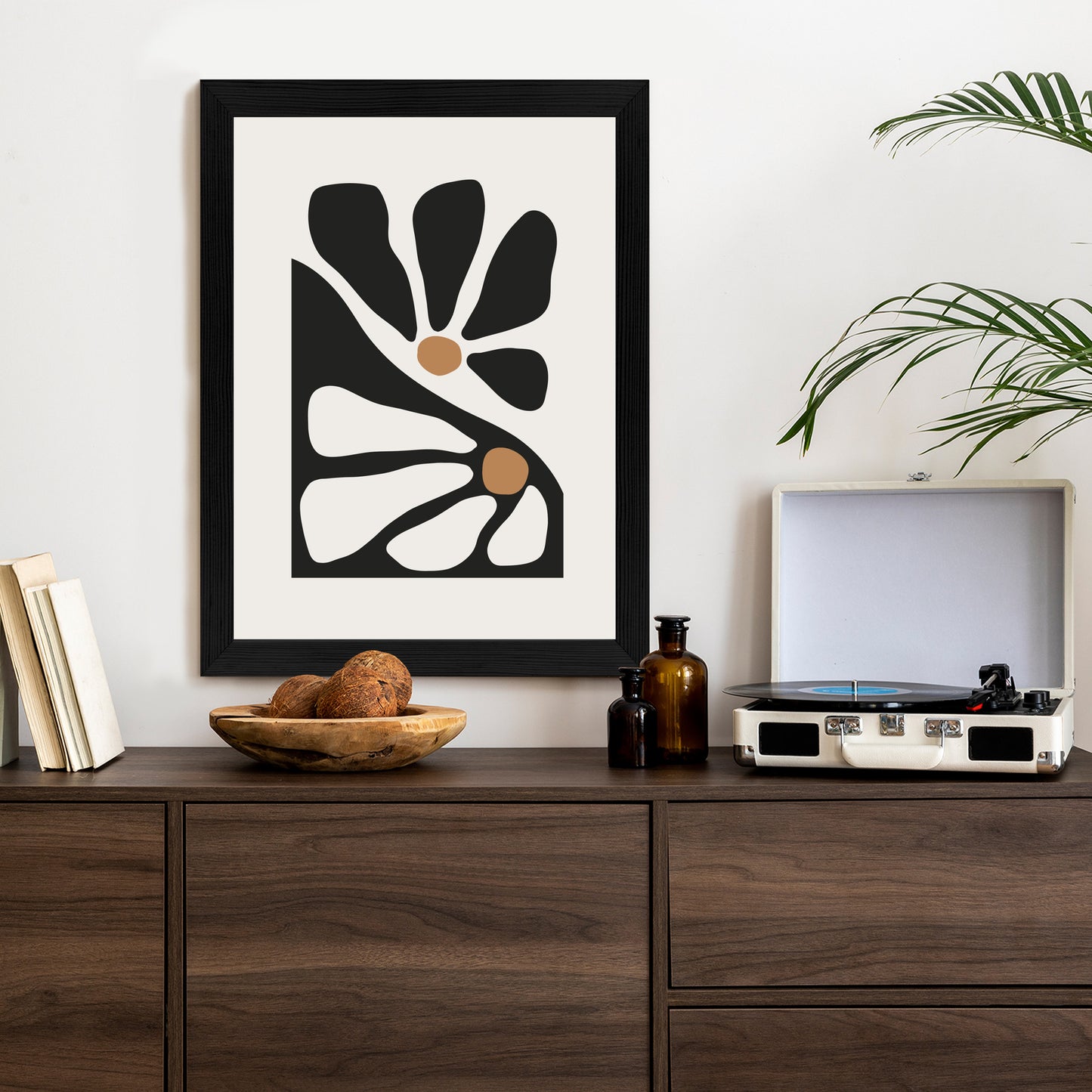 Poster Minimalistische Zweifarbige Blumen Rahmen Holz Mit Passepartout Farbe Natürlich