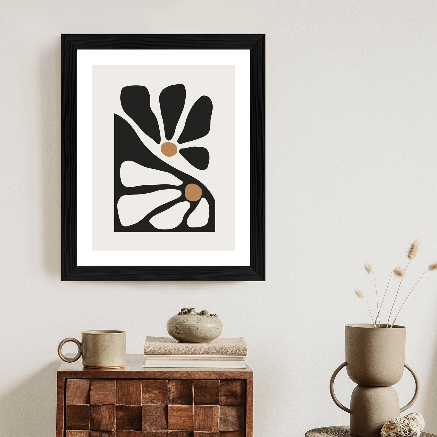 Poster Minimalistische Zweifarbige Blumen Rahmen Holz Mit Passepartout Farbe Natürlich