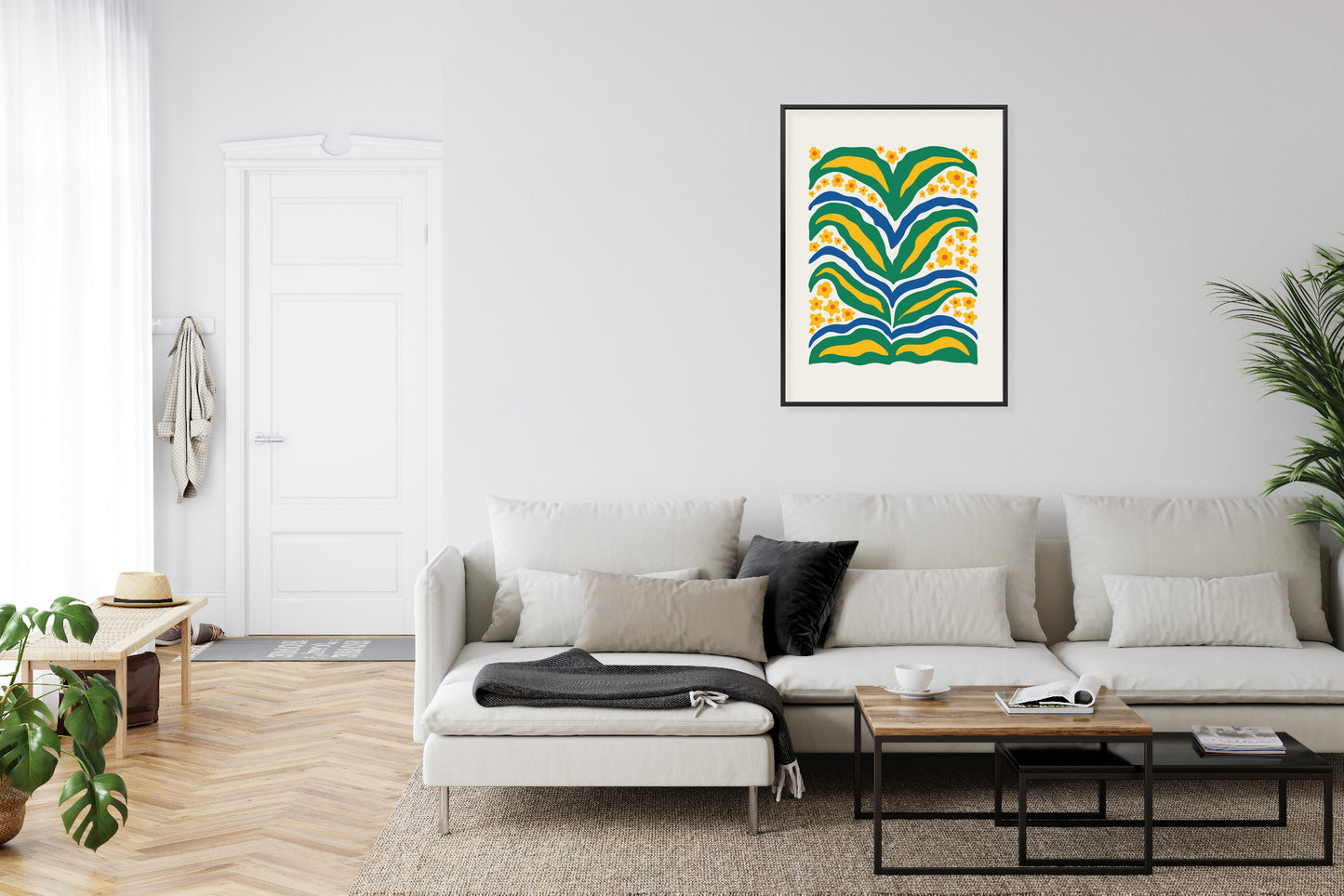 Poster Minimalistische Pflanze Mit Gelber Blumenabstraktion Rahmen Hölzern Farbe Weiß