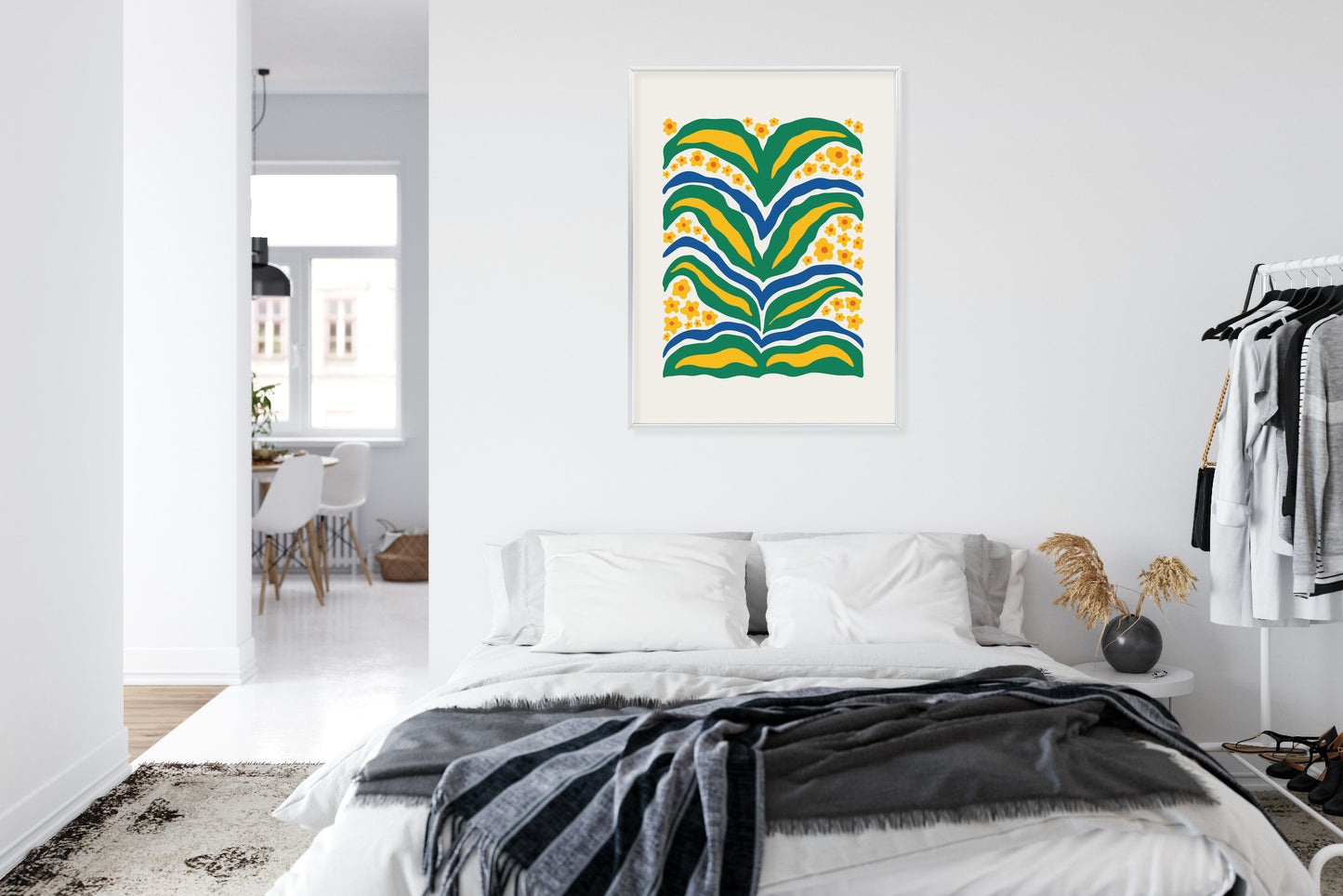 Poster Minimalistische Pflanze Mit Gelber Blumenabstraktion Rahmen Hölzern Farbe Weiß