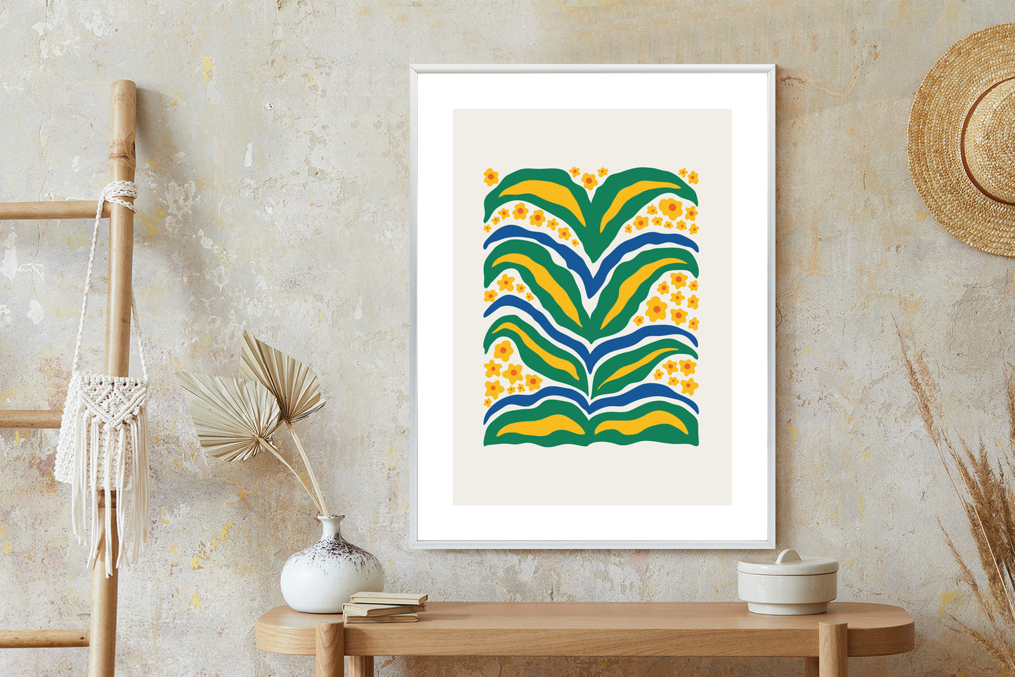 Poster Minimalistische Pflanze Mit Gelber Blumenabstraktion Rahmen Hölzern Farbe Weiß