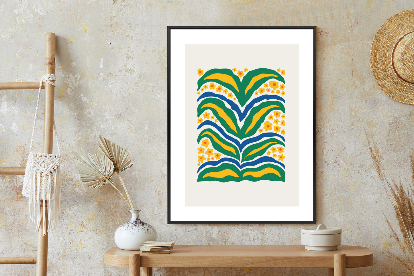 Poster Minimalistische Pflanze Mit Gelber Blumenabstraktion Rahmen Hölzern Farbe Weiß