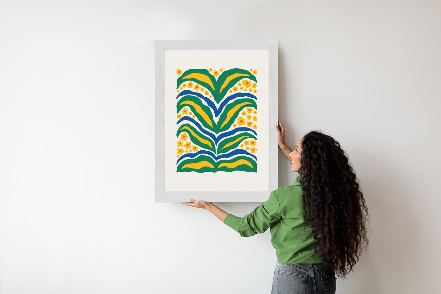 Poster Minimalistische Pflanze Mit Gelber Blumenabstraktion Rahmen Hölzern Farbe Weiß