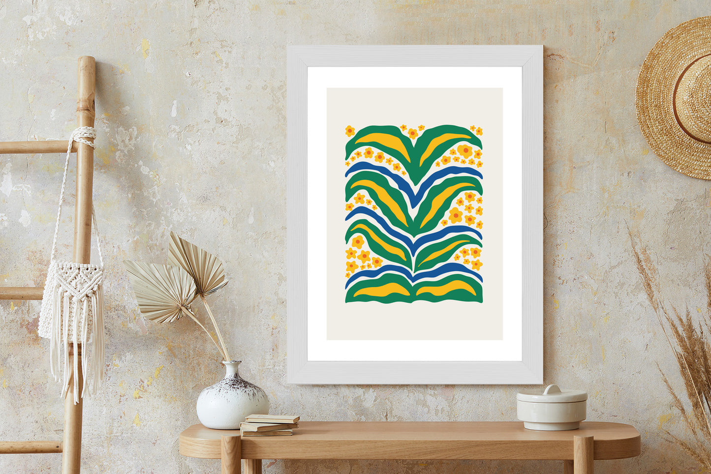 Poster Minimalistische Pflanze Mit Gelber Blumenabstraktion Rahmen Hölzern Farbe Weiß