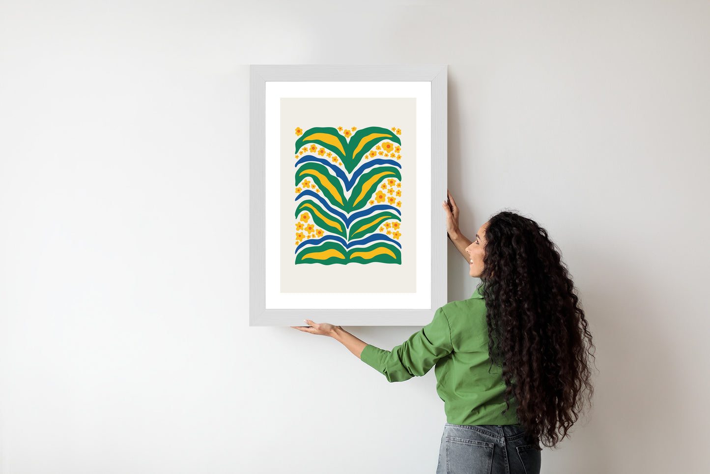 Poster Minimalistische Pflanze Mit Gelber Blumenabstraktion Rahmen Hölzern Farbe Weiß