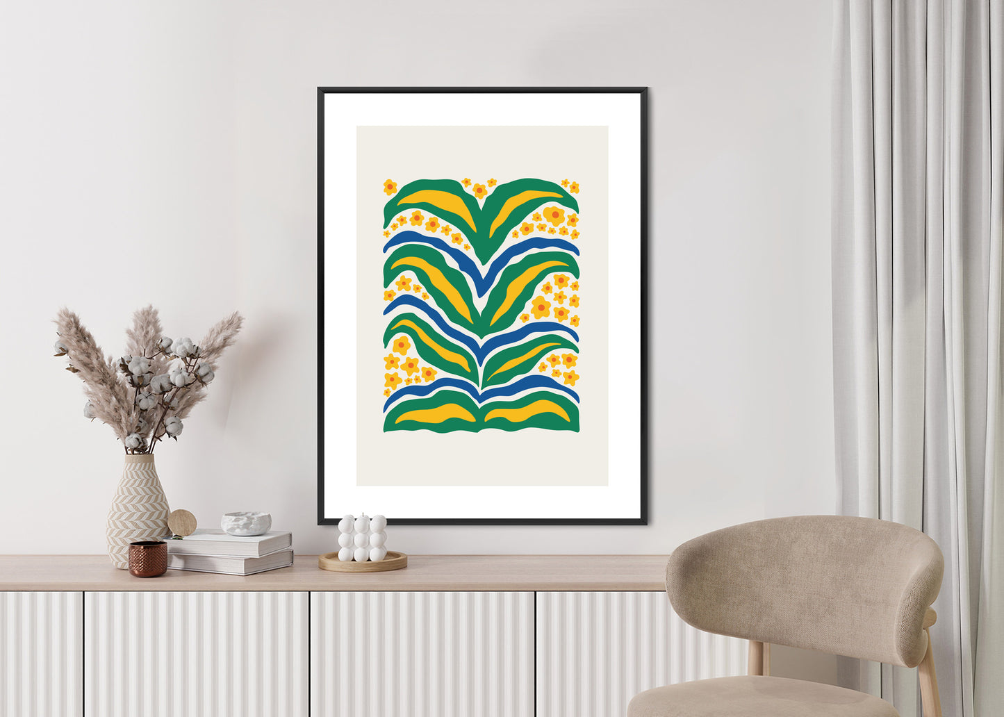 Poster Minimalistische Pflanze Mit Gelber Blumenabstraktion Rahmen Hölzern Farbe Weiß
