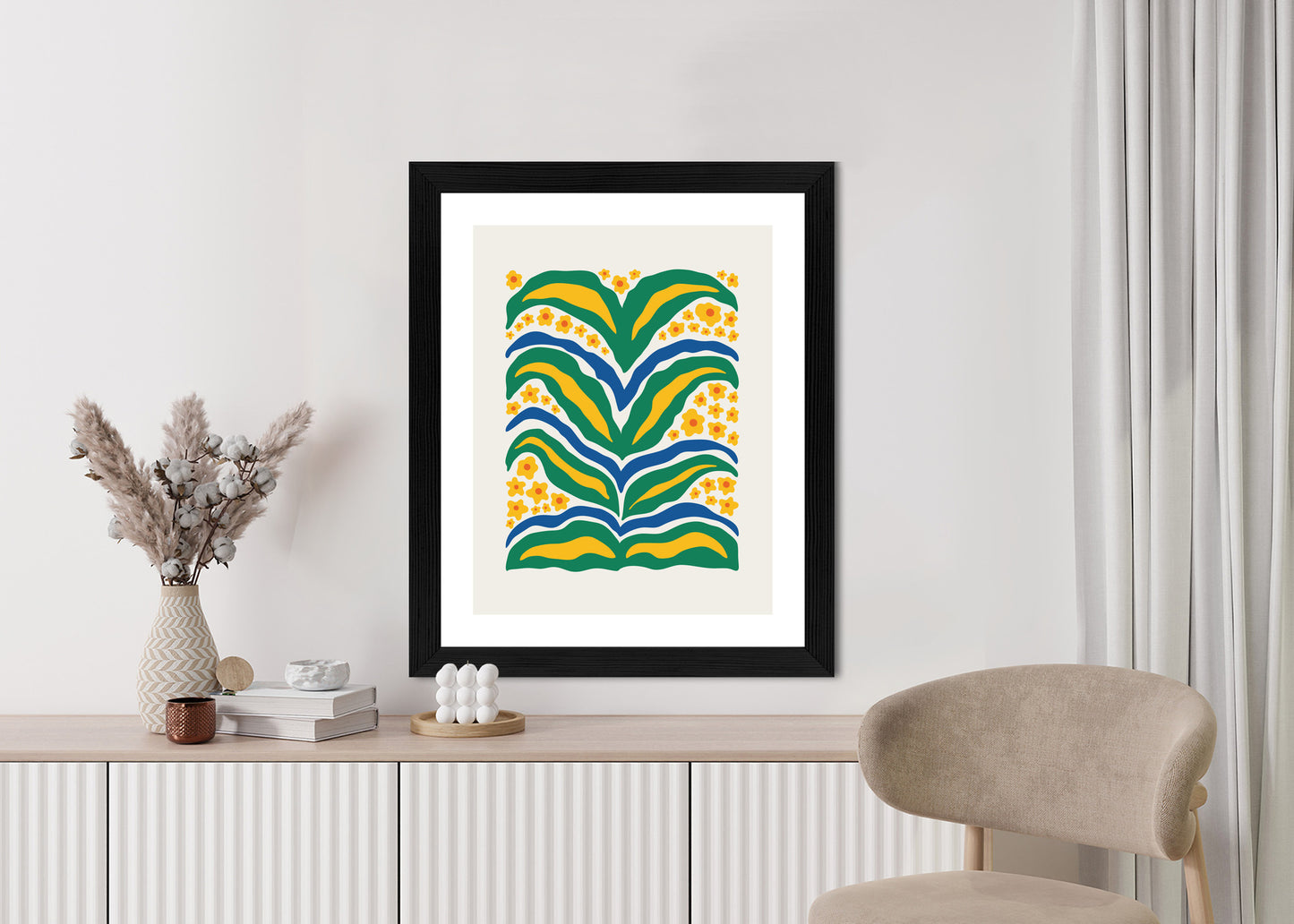 Poster Minimalistische Pflanze Mit Gelber Blumenabstraktion Rahmen Hölzern Farbe Weiß