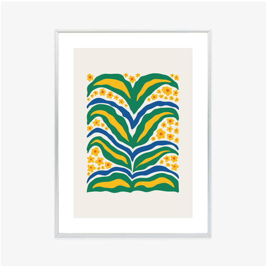 Poster Minimalistische Pflanze Mit Gelber Blumenabstraktion Rahmen Hölzern Farbe Weiß