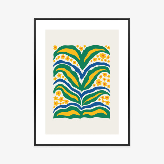 Poster Minimalistische Pflanze Mit Gelber Blumenabstraktion Rahmen Hölzern Farbe Weiß