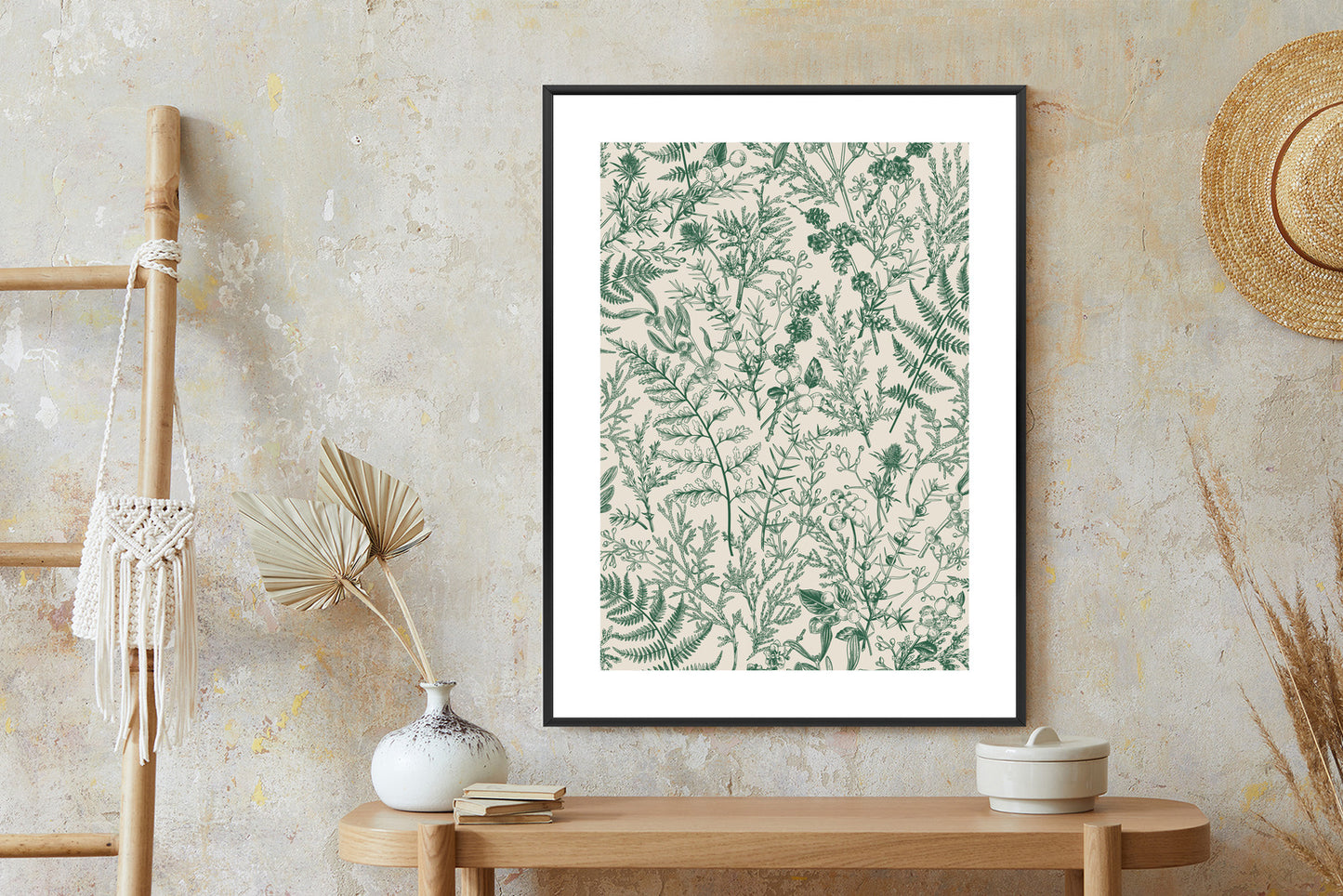 Poster Grüne Pflanzen Auf Beigem Hintergrund, Botanisches Muster