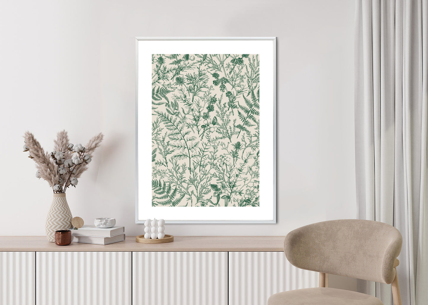 Poster Grüne Pflanzen Auf Beigem Hintergrund, Botanisches Muster