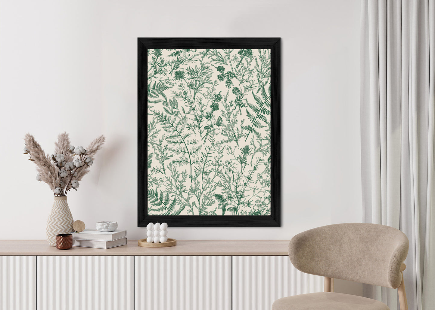 Poster Grüne Pflanzen Auf Beigem Hintergrund, Botanisches Muster