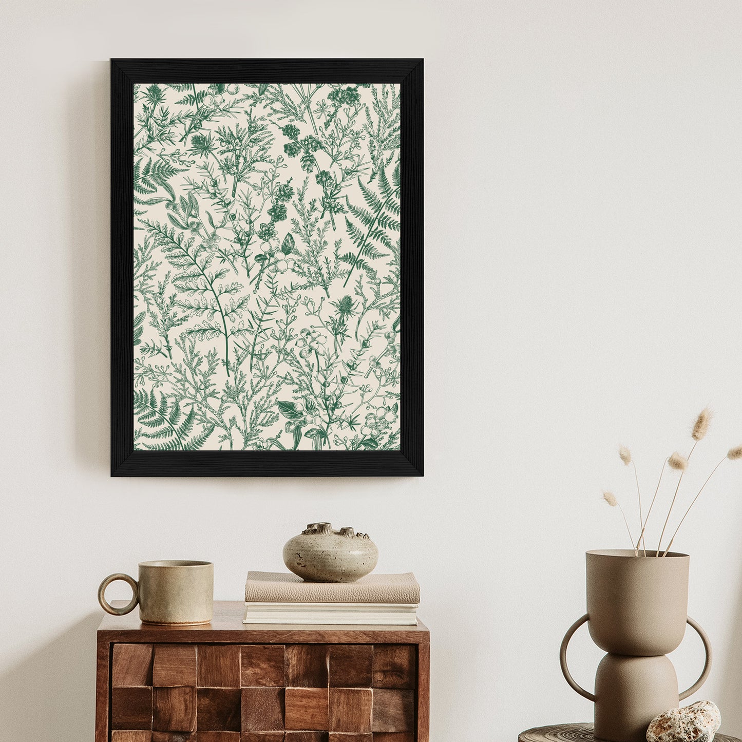Poster Grüne Pflanzen Auf Beigem Hintergrund, Botanisches Muster