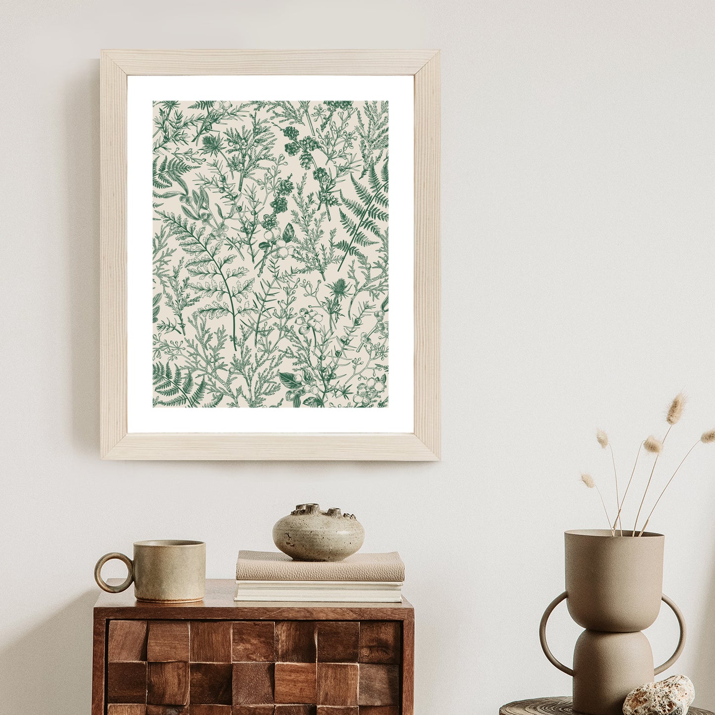 Poster Grüne Pflanzen Auf Beigem Hintergrund, Botanisches Muster