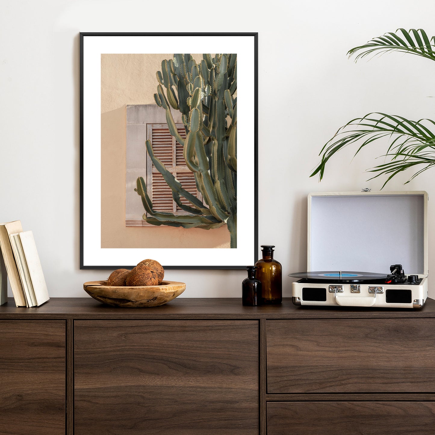 Poster Exotischer Kaktus Auf Orangefarbenem Hintergrund Rahmen Holz Mit Passepartout Farbe Natürlich