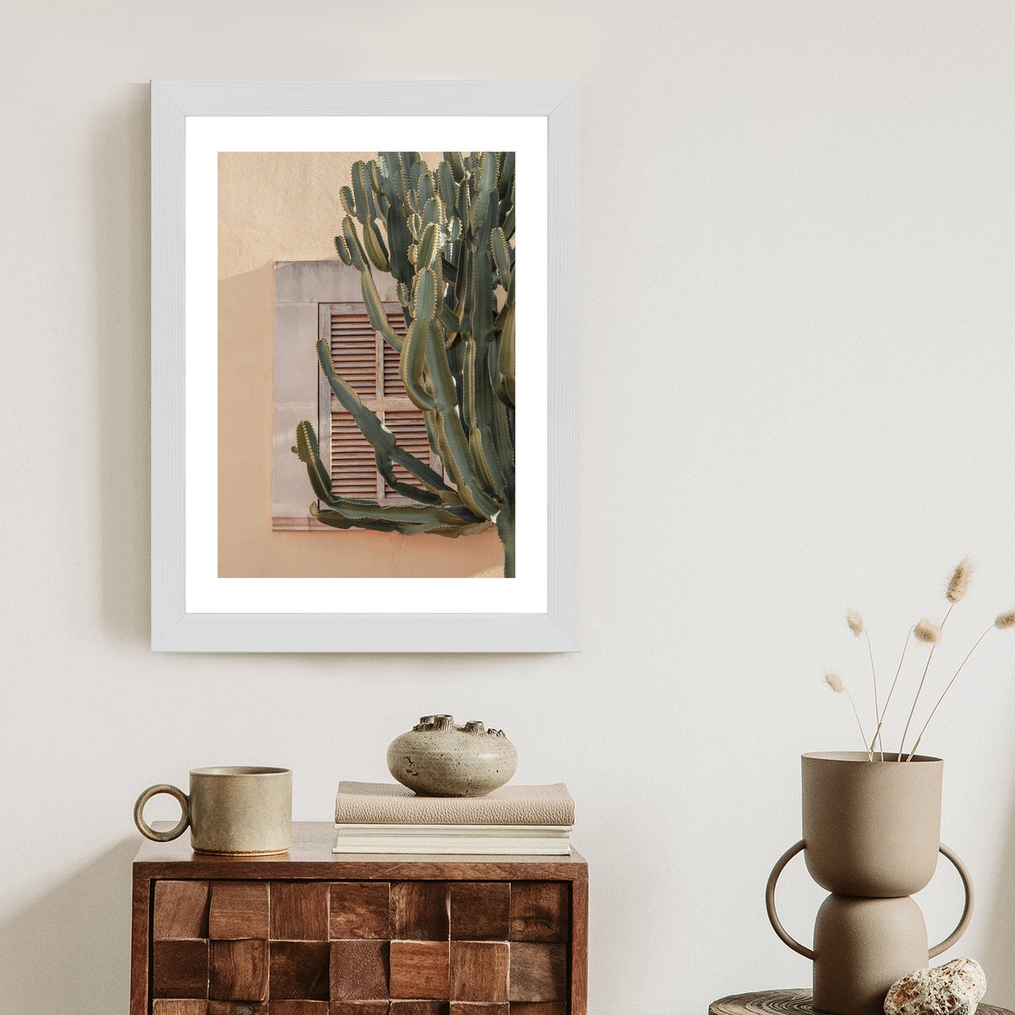 Poster Exotischer Kaktus Auf Orangefarbenem Hintergrund Rahmen Holz Mit Passepartout Farbe Natürlich