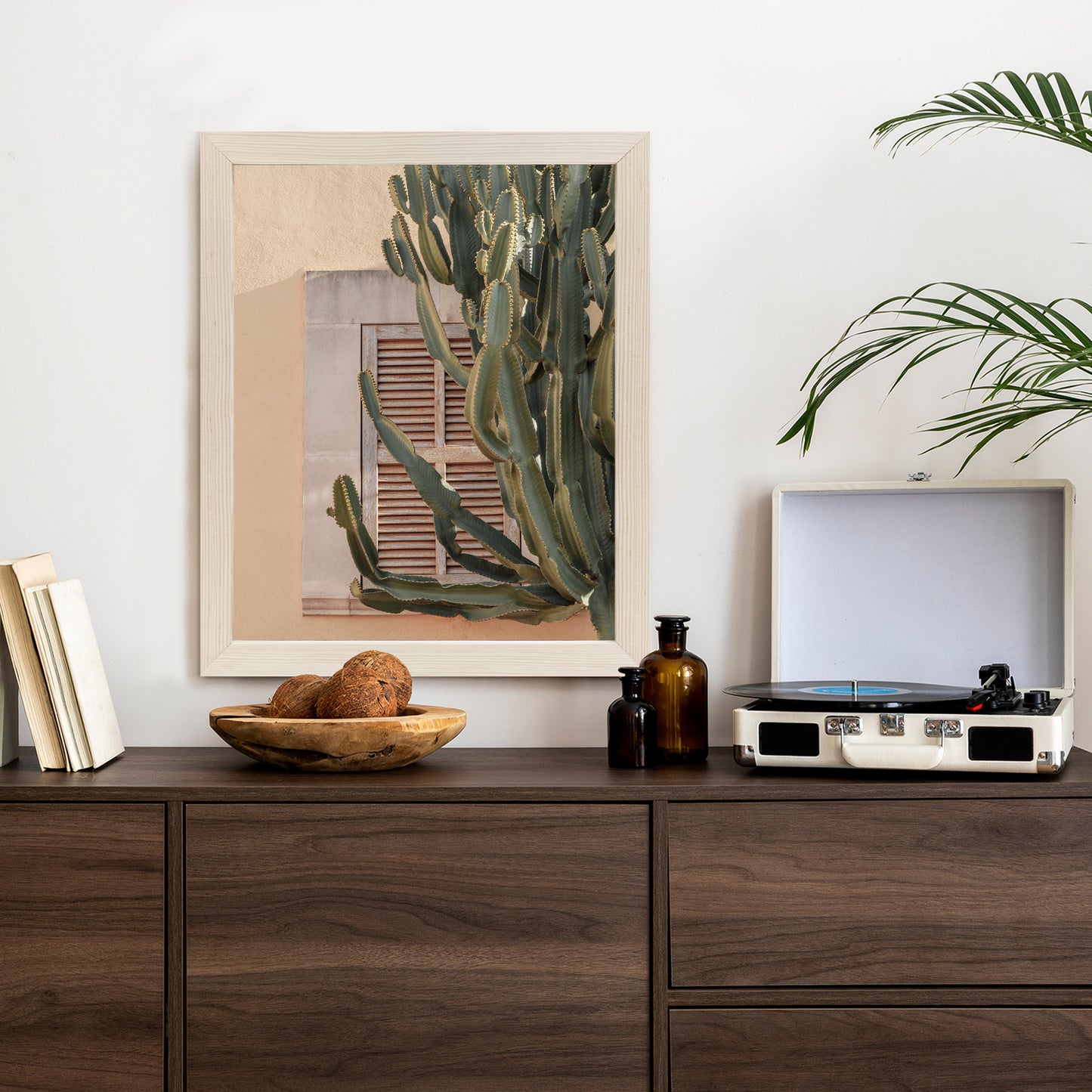 Poster Exotischer Kaktus Auf Orangefarbenem Hintergrund Rahmen Holz Mit Passepartout Farbe Natürlich