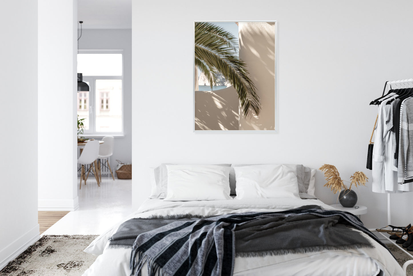 Poster Palmblätter Mit Schatten Auf Einer Beigen Wand Rahmen Holz Mit Passepartout Farbe Natürlich