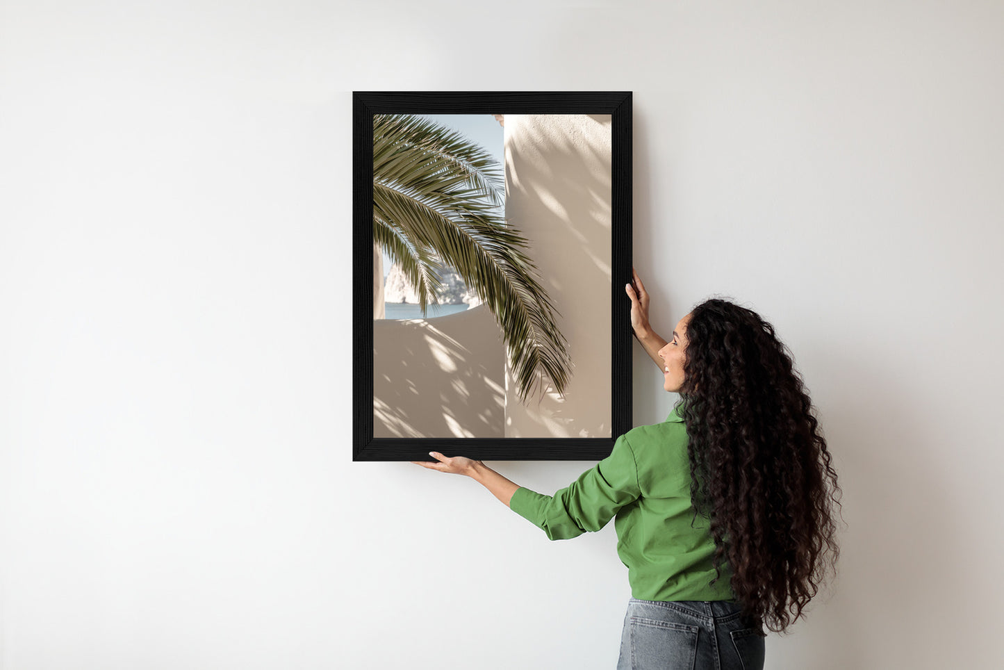 Poster Palmblätter Mit Schatten Auf Einer Beigen Wand Rahmen Holz Mit Passepartout Farbe Natürlich