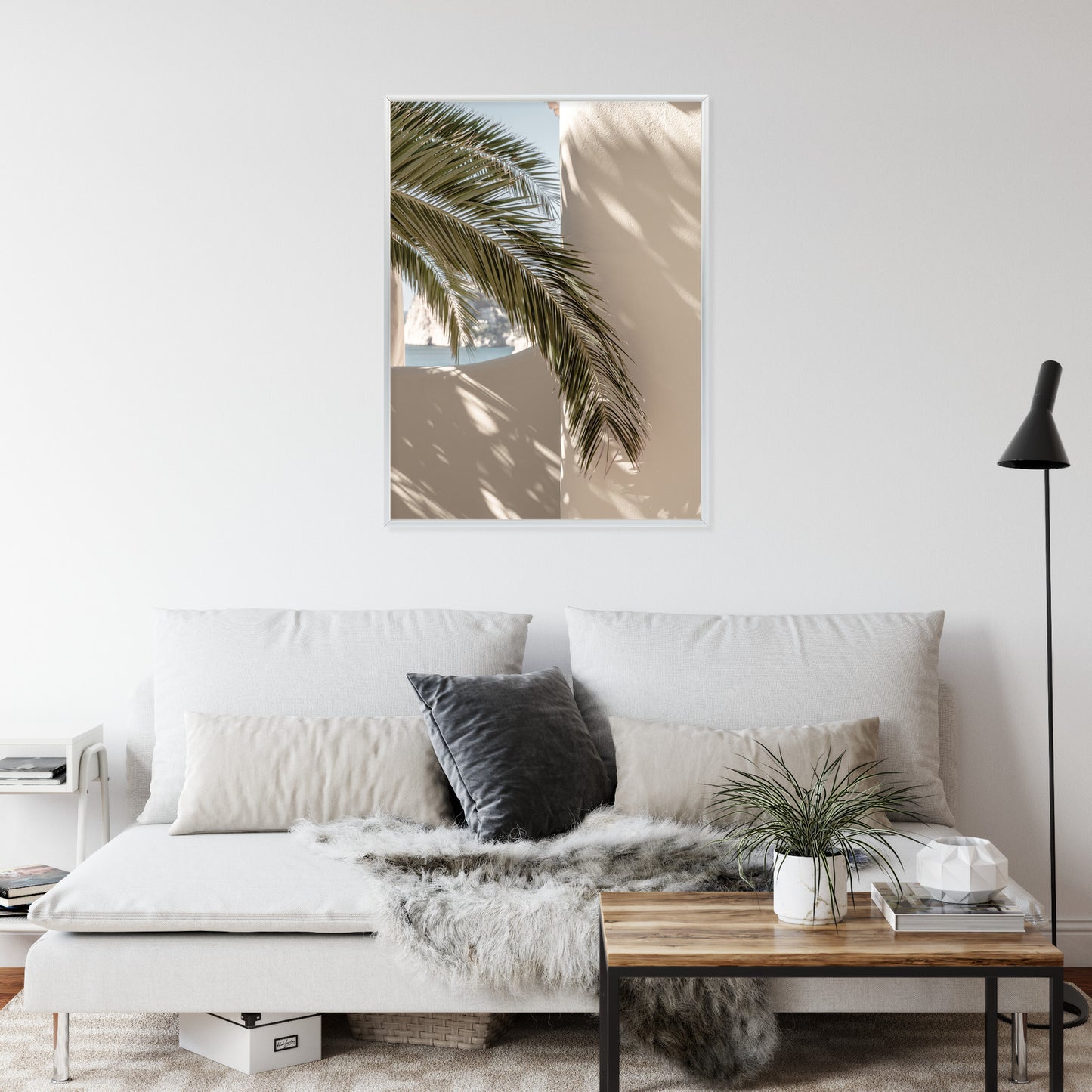 Poster Palmblätter Mit Schatten Auf Einer Beigen Wand Rahmen Holz Mit Passepartout Farbe Natürlich