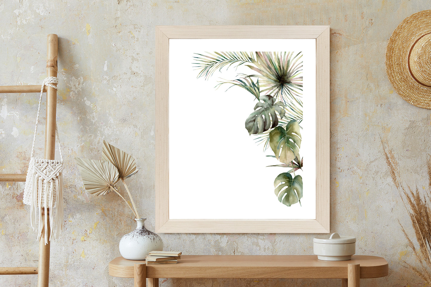 Poster Palmen- Und Monstera-Vegetation Isolierter Aquarellhintergrund Rahmen Holz Mit Passepartout Farbe Natürlich