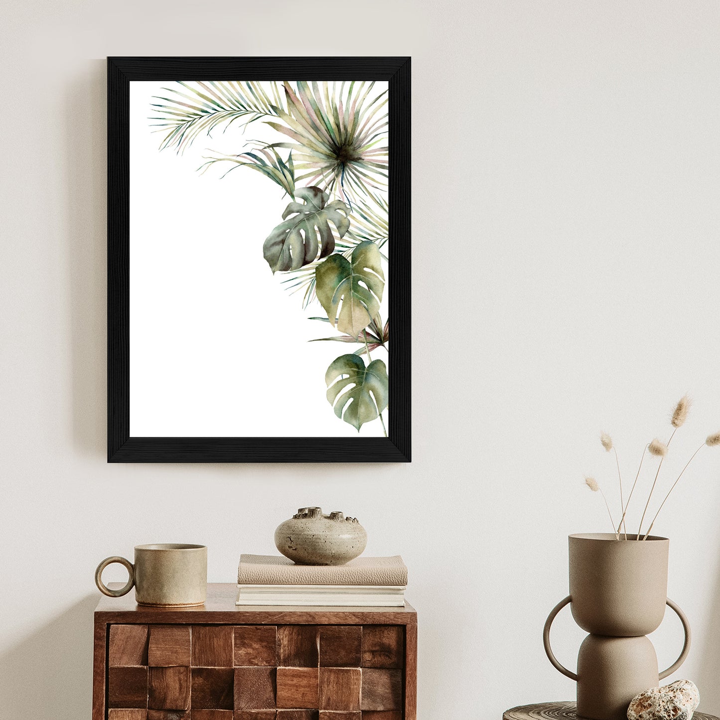 Poster Palmen- Und Monstera-Vegetation Isolierter Aquarellhintergrund Rahmen Holz Mit Passepartout Farbe Natürlich