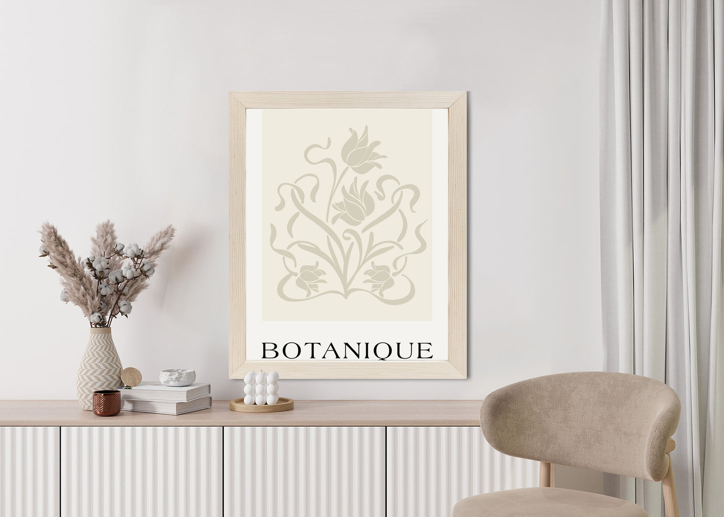 Poster Botanische Beige Blätter Und Blüten Rahmen Holz Mit Passepartout Farbe Natürlich