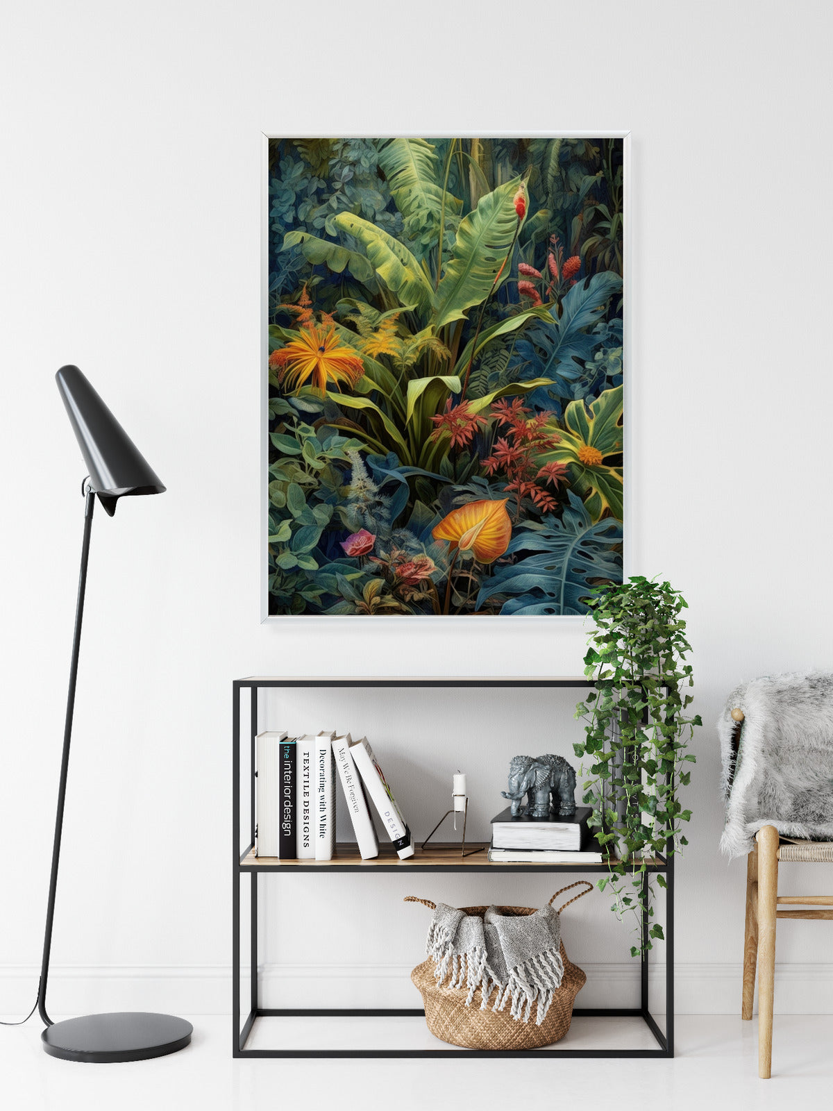 Poster Pflanzen Und Blätter In Einem Farbenfrohen Tropischen Dschungel Rahmen Holz Mit Passepartout Farbe Natürlich