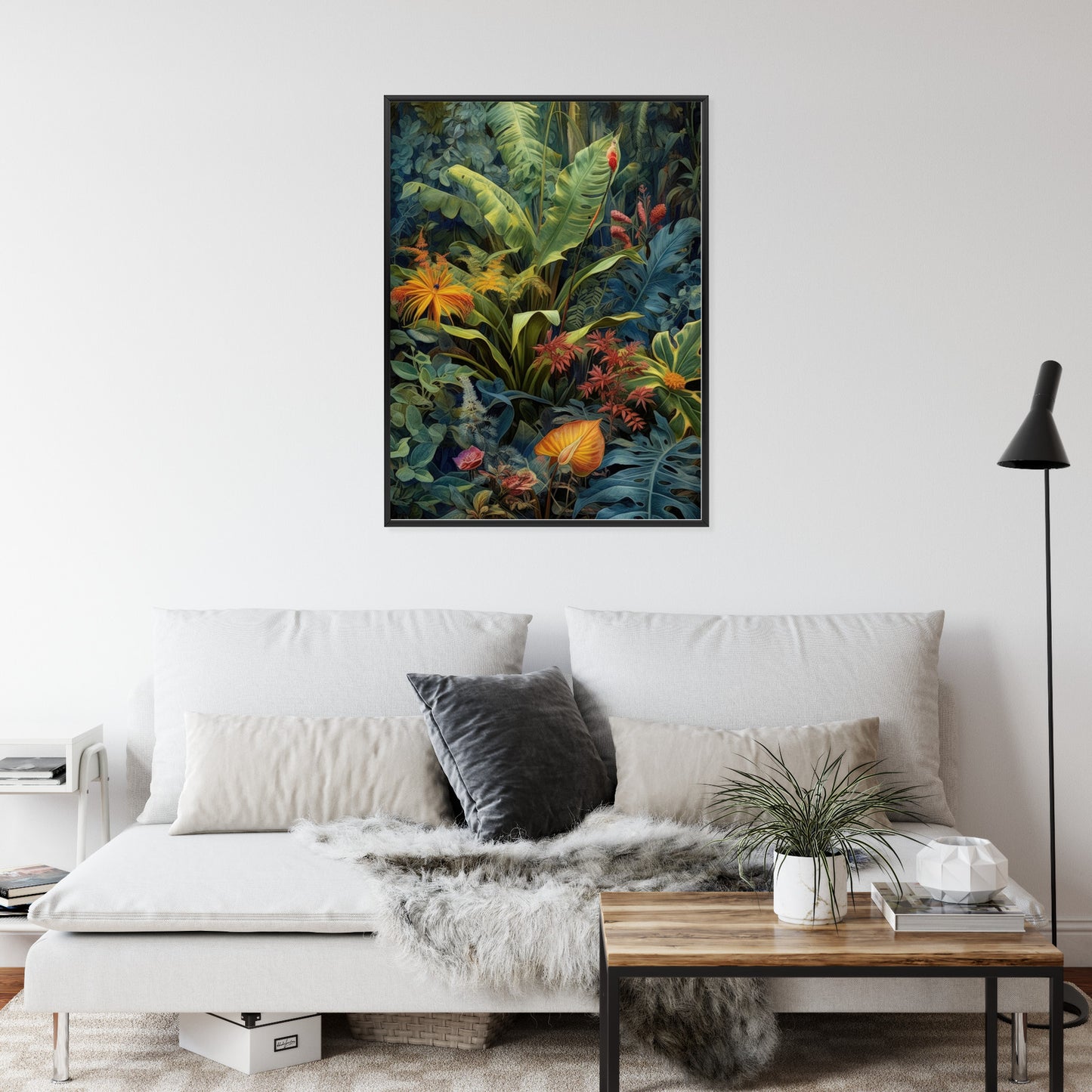 Poster Pflanzen Und Blätter In Einem Farbenfrohen Tropischen Dschungel Rahmen Holz Mit Passepartout Farbe Natürlich