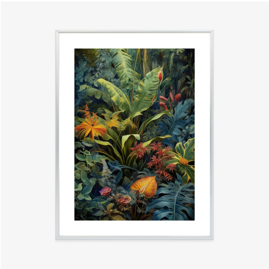 Poster Pflanzen Und Blätter In Einem Farbenfrohen Tropischen Dschungel Rahmen Holz Mit Passepartout Farbe Natürlich