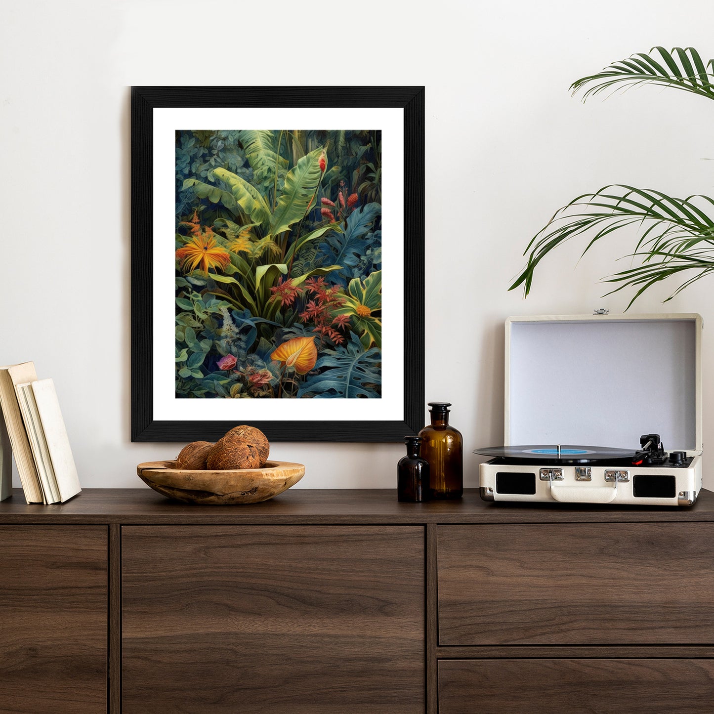 Poster Pflanzen Und Blätter In Einem Farbenfrohen Tropischen Dschungel Rahmen Holz Mit Passepartout Farbe Natürlich