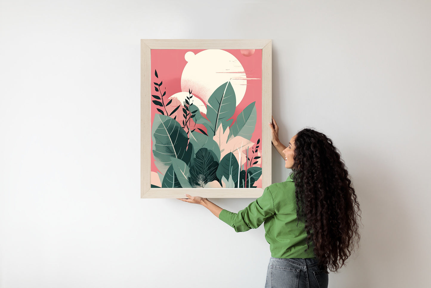 Poster Grüne Pflanzen Und Blätter Auf Einem Abstrakten Landschaftshintergrund Rahmen Holz Mit Passepartout Farbe Natürlich