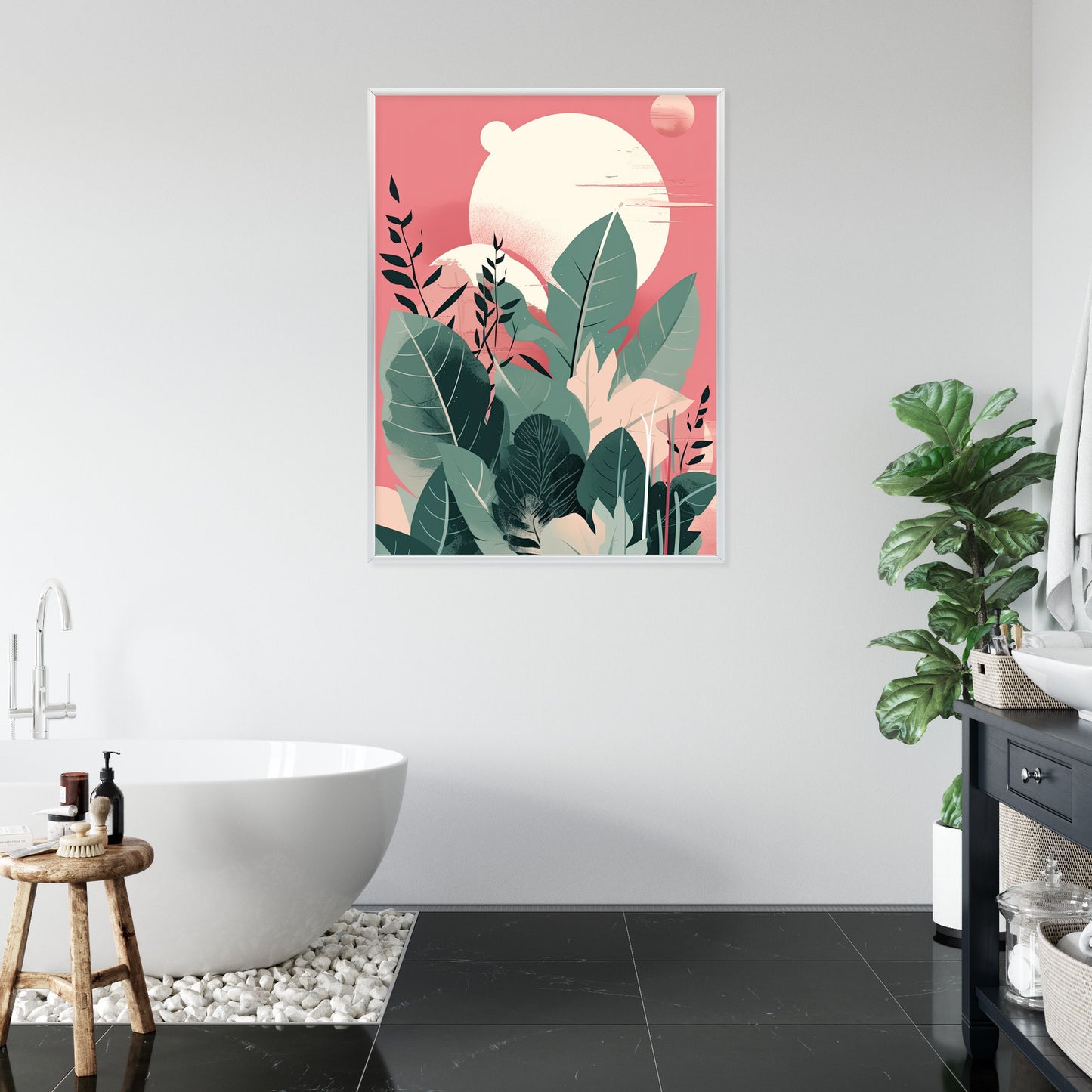 Poster Grüne Pflanzen Und Blätter Auf Einem Abstrakten Landschaftshintergrund Rahmen Holz Mit Passepartout Farbe Natürlich