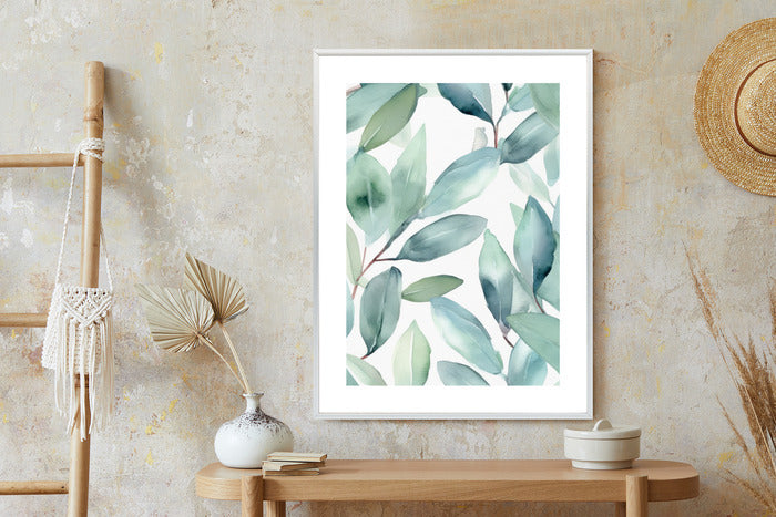 Poster Aquarell-Lorbeerblätter Rahmen Holz Mit Passepartout Farbe Natürlich