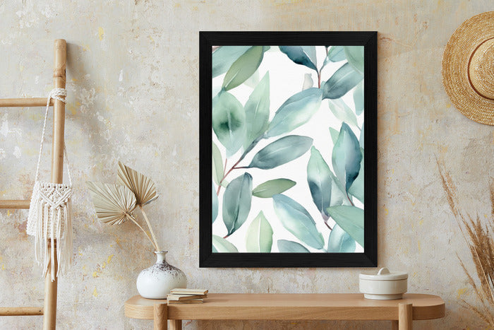 Poster Aquarell-Lorbeerblätter Rahmen Holz Mit Passepartout Farbe Natürlich
