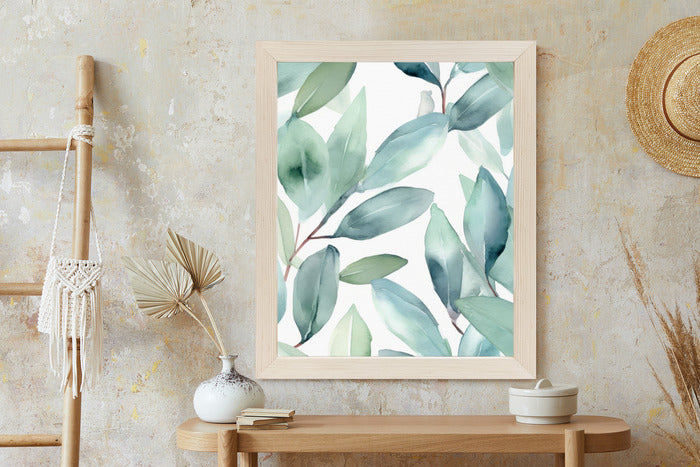 Poster Aquarell-Lorbeerblätter Rahmen Holz Mit Passepartout Farbe Natürlich