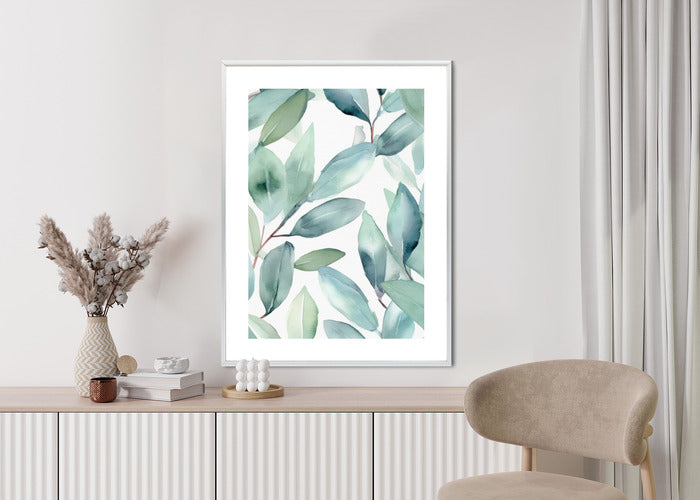 Poster Aquarell-Lorbeerblätter Rahmen Holz Mit Passepartout Farbe Natürlich