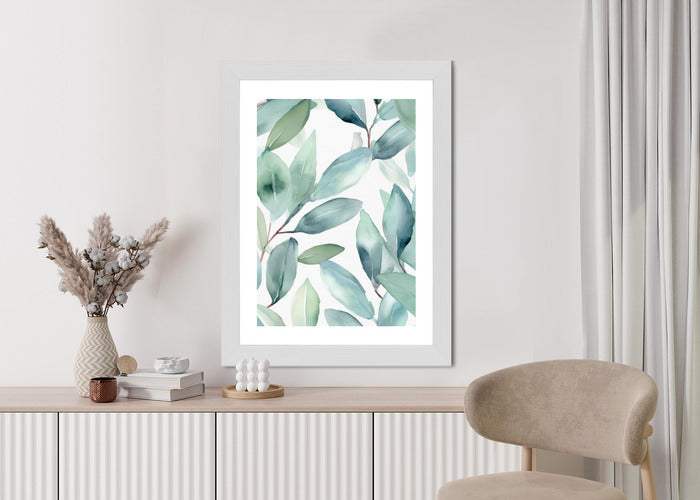 Poster Aquarell-Lorbeerblätter Rahmen Holz Mit Passepartout Farbe Natürlich