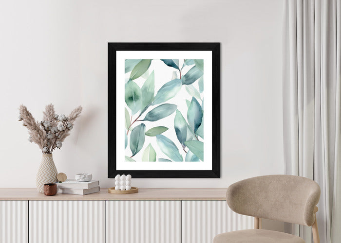 Poster Aquarell-Lorbeerblätter Rahmen Holz Mit Passepartout Farbe Natürlich