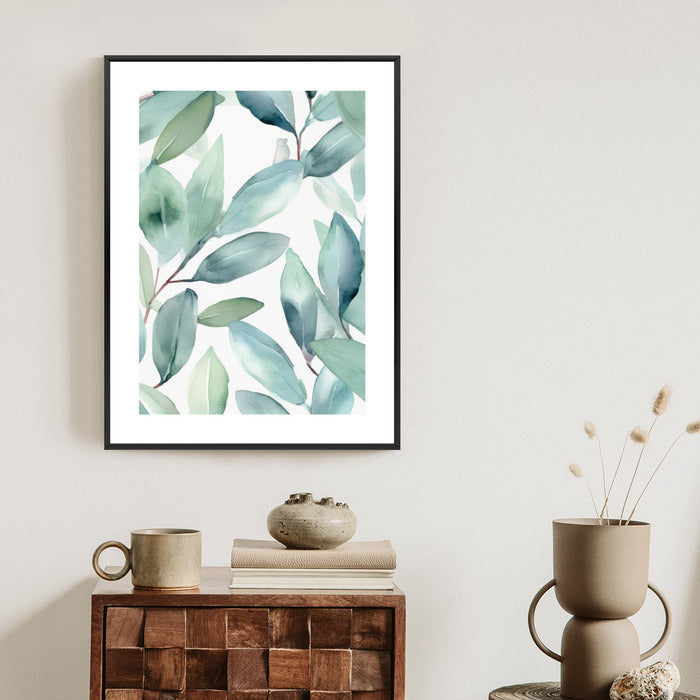 Poster Aquarell-Lorbeerblätter Rahmen Holz Mit Passepartout Farbe Natürlich