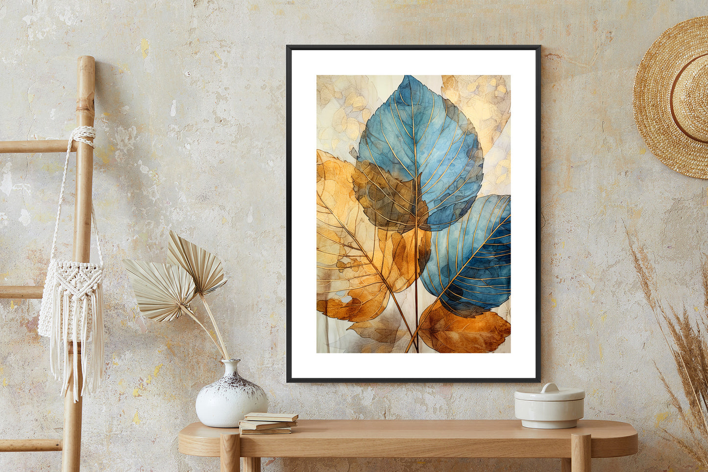 Poster Goldene Und Blaue Aquarellblätter Rahmen Holz Mit Passepartout Farbe Natürlich