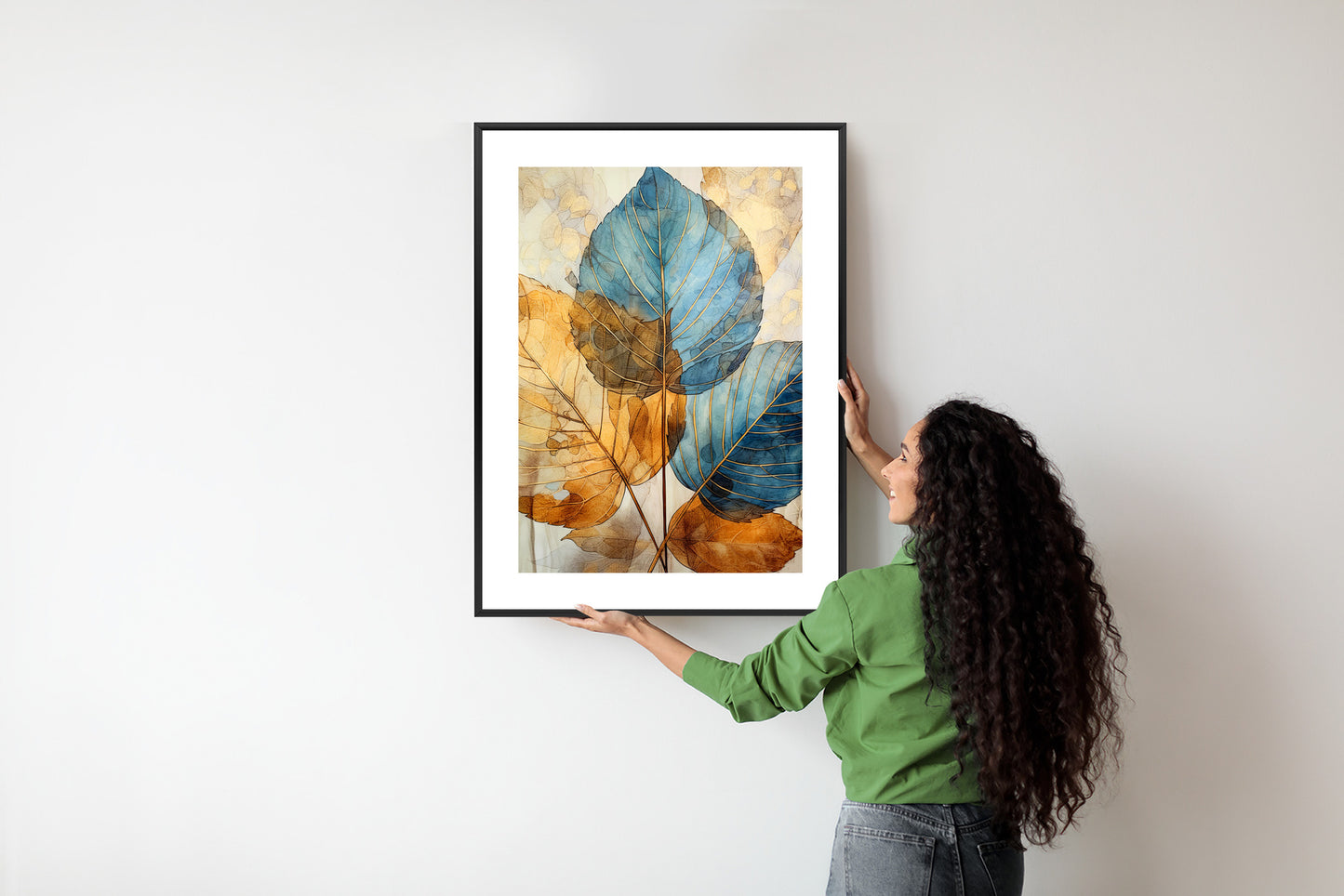 Poster Goldene Und Blaue Aquarellblätter Rahmen Holz Mit Passepartout Farbe Natürlich