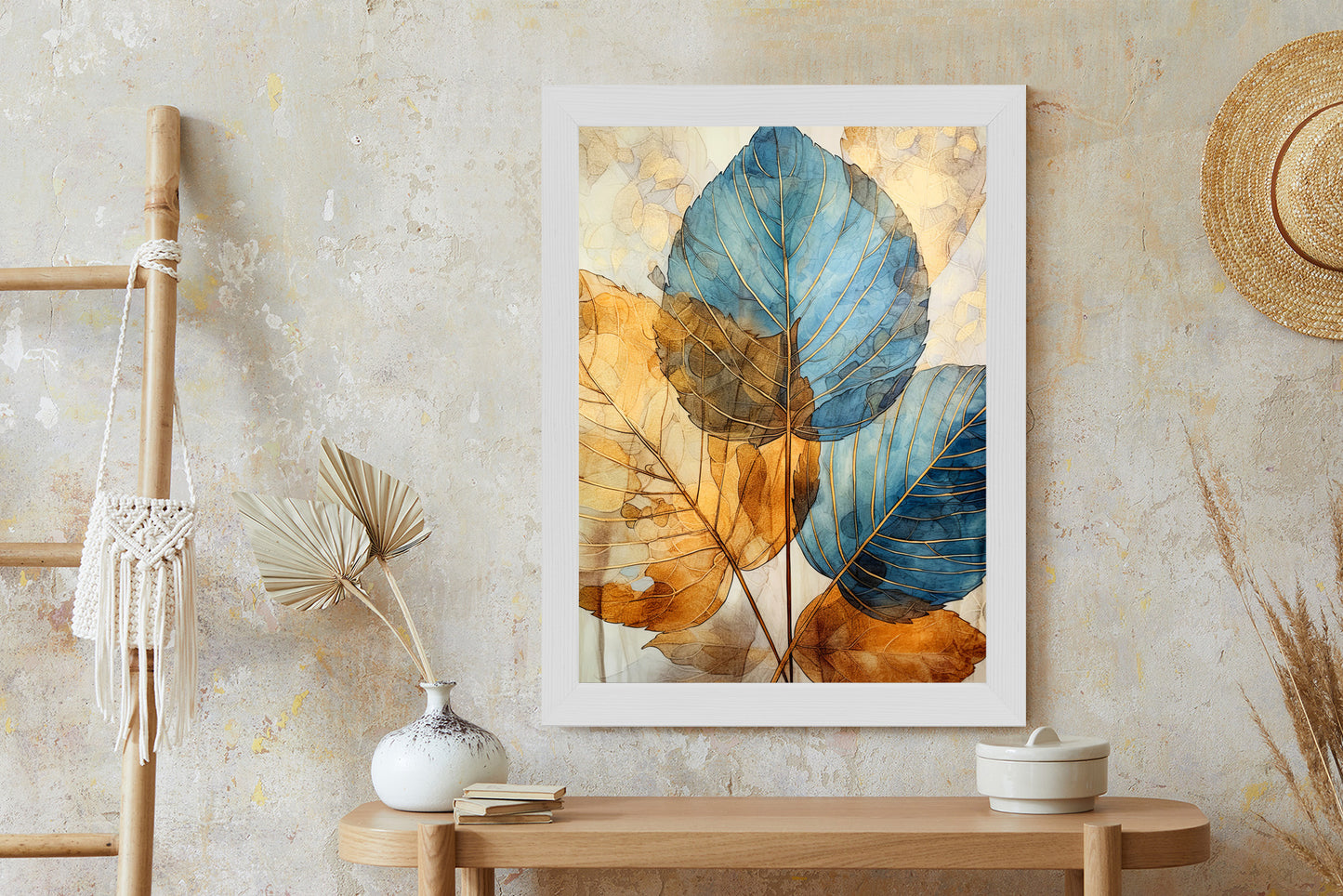 Poster Goldene Und Blaue Aquarellblätter Rahmen Holz Mit Passepartout Farbe Natürlich
