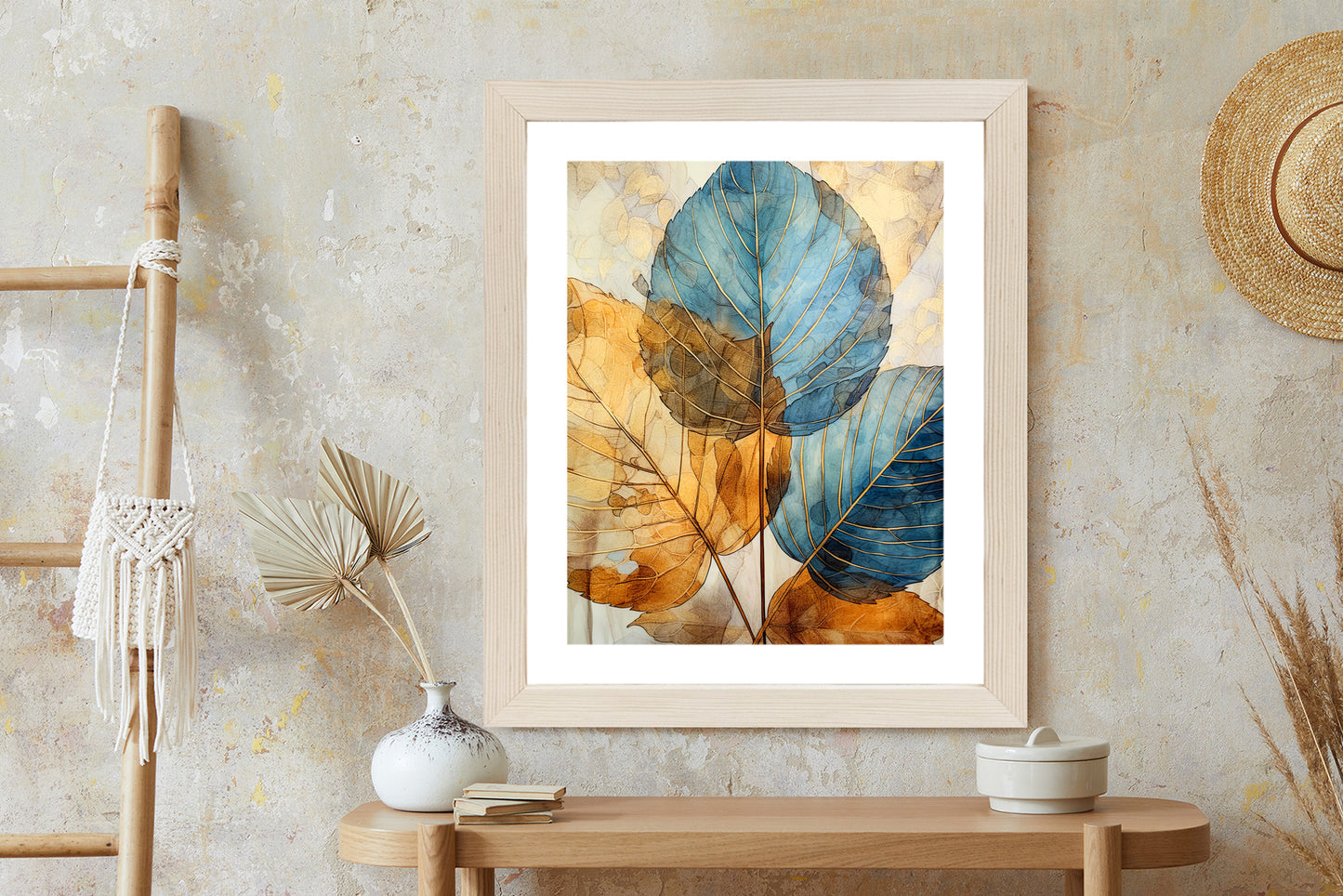 Poster Goldene Und Blaue Aquarellblätter Rahmen Holz Mit Passepartout Farbe Natürlich