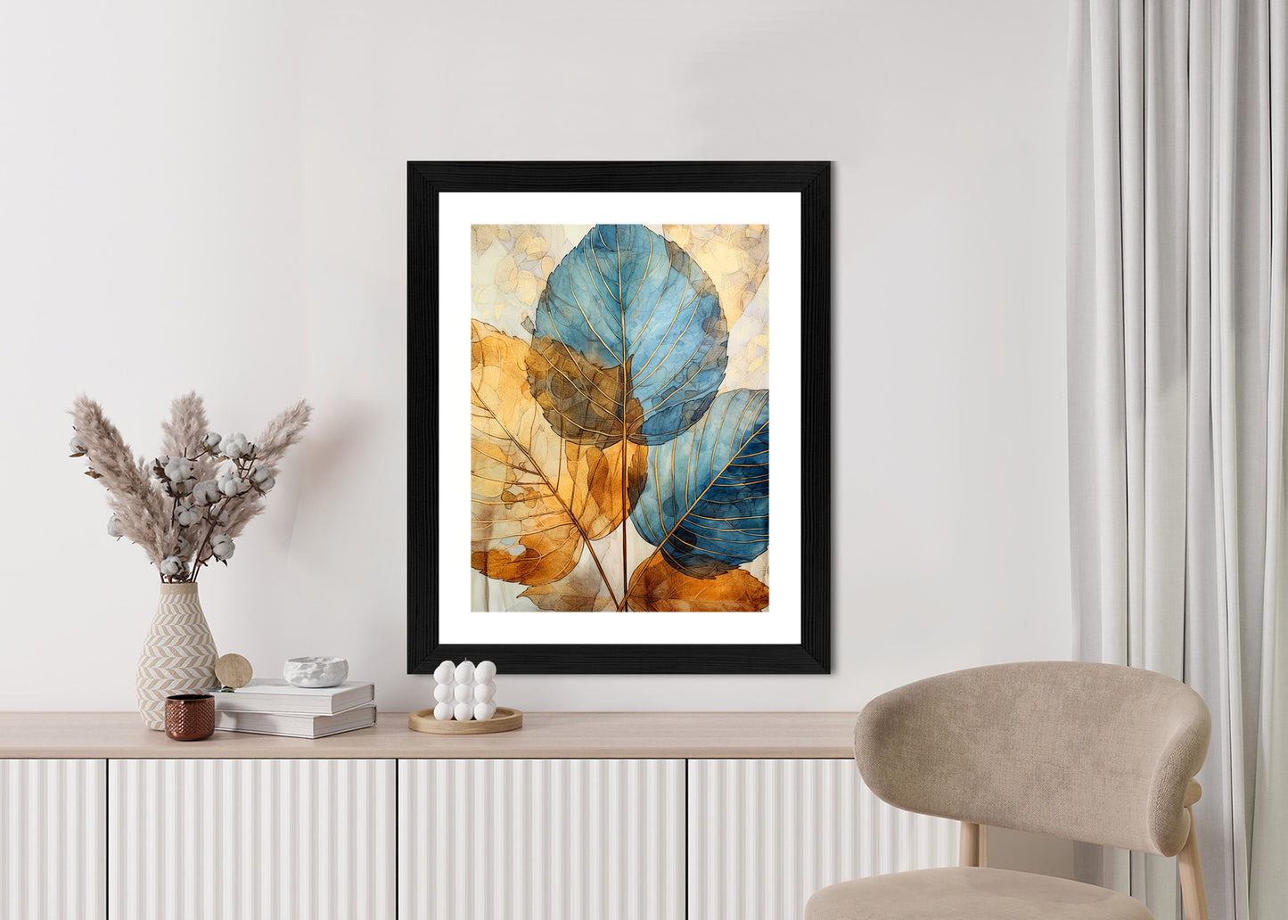 Poster Goldene Und Blaue Aquarellblätter Rahmen Holz Mit Passepartout Farbe Natürlich