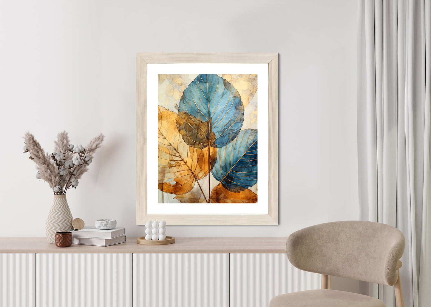 Poster Goldene Und Blaue Aquarellblätter Rahmen Holz Mit Passepartout Farbe Natürlich