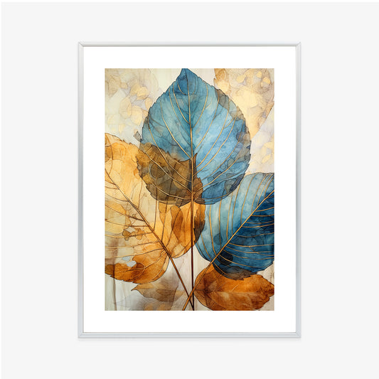 Poster Goldene Und Blaue Aquarellblätter Rahmen Holz Mit Passepartout Farbe Natürlich